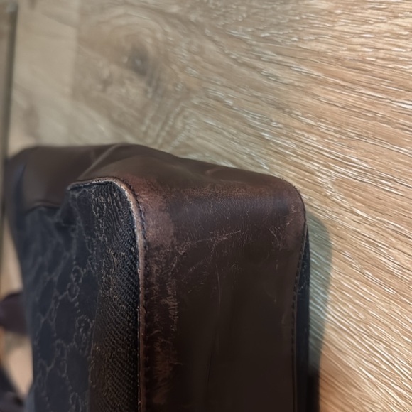 CLOSET SALE! Vtg. GUCCI Bag Authentic Dark Brown Fabric Leather-Trimmed 16x11 - Picture 6 of 16
